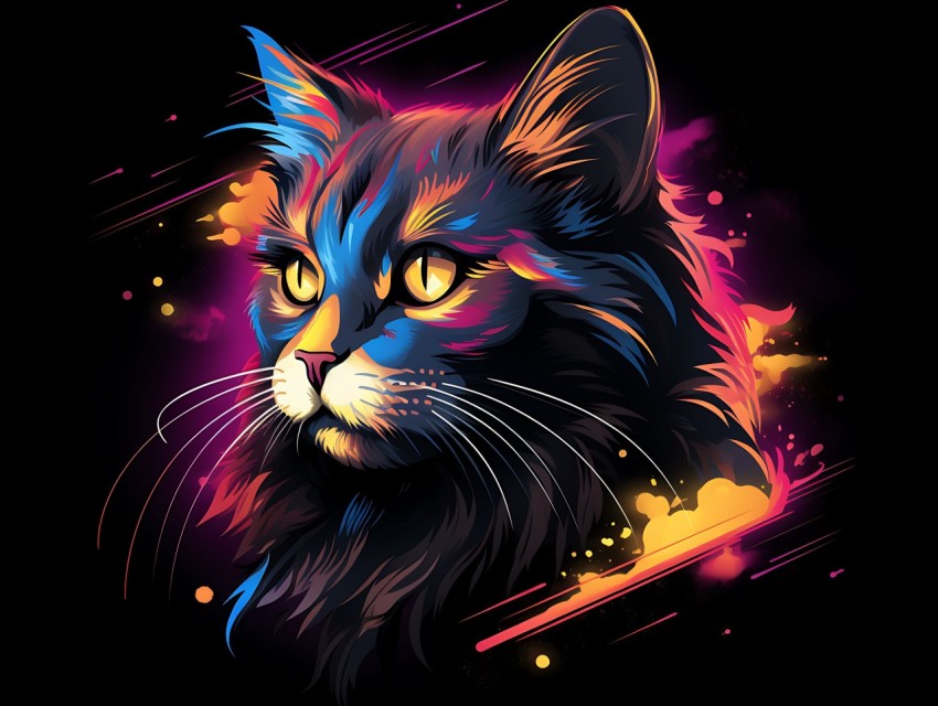 Colorful Cat Face Head Vivid Colors Pop Art Vector Illustrations Black Background (334)