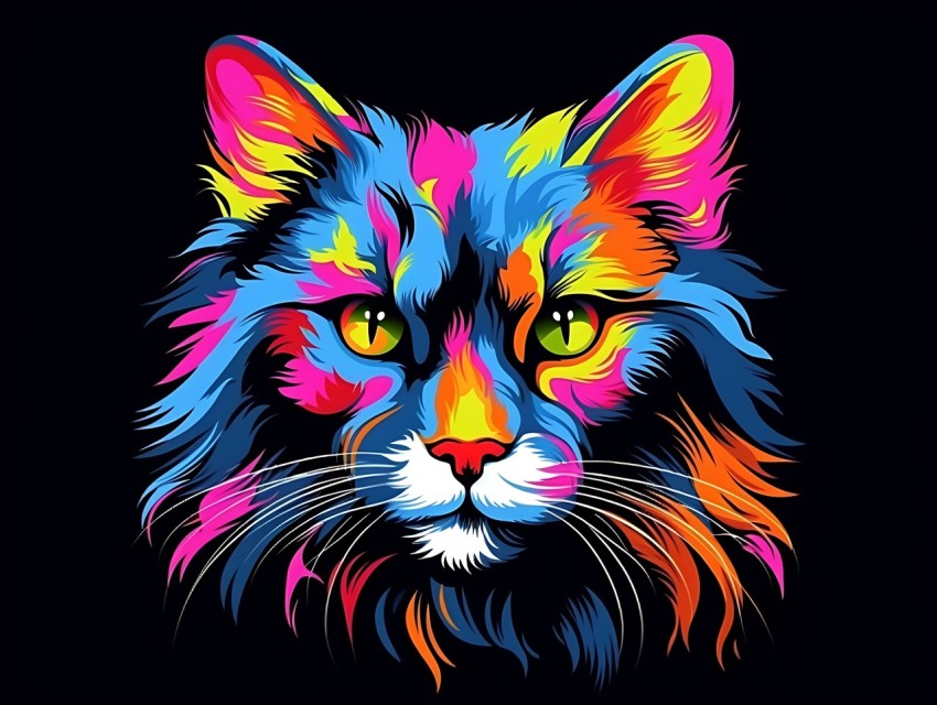 Colorful Cat Face Head Vivid Colors Pop Art Vector Illustrations Black Background (305)