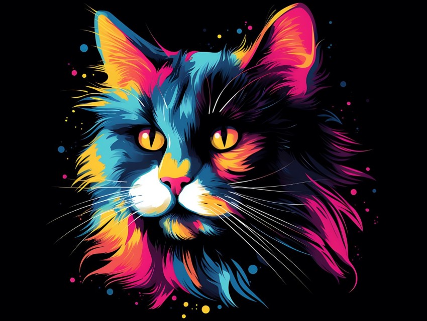 Colorful Cat Face Head Vivid Colors Pop Art Vector Illustrations Black Background (340)