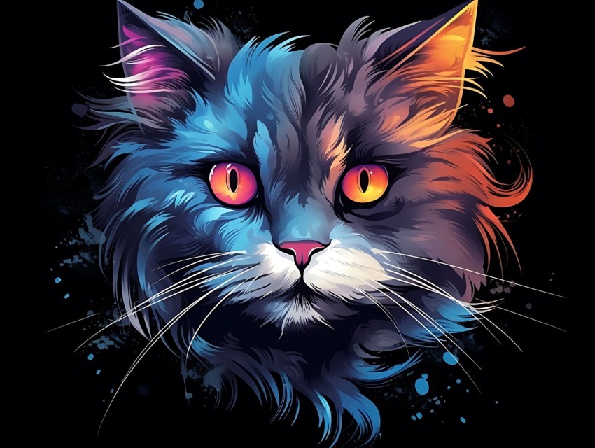 Colorful Cat Face Head Vivid Colors Pop Art Vector Illustrations Black Background (348)