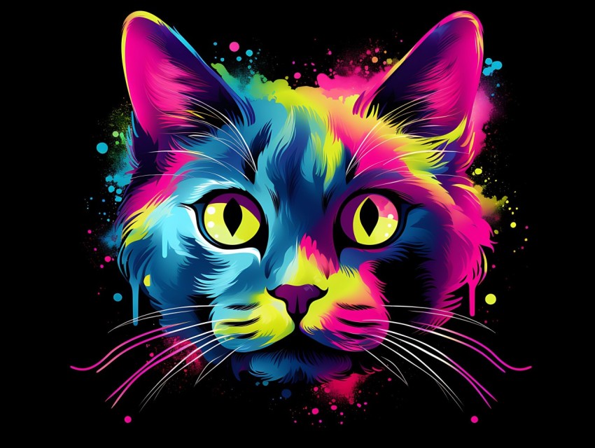 Colorful Cat Face Head Vivid Colors Pop Art Vector Illustrations Black Background (329)