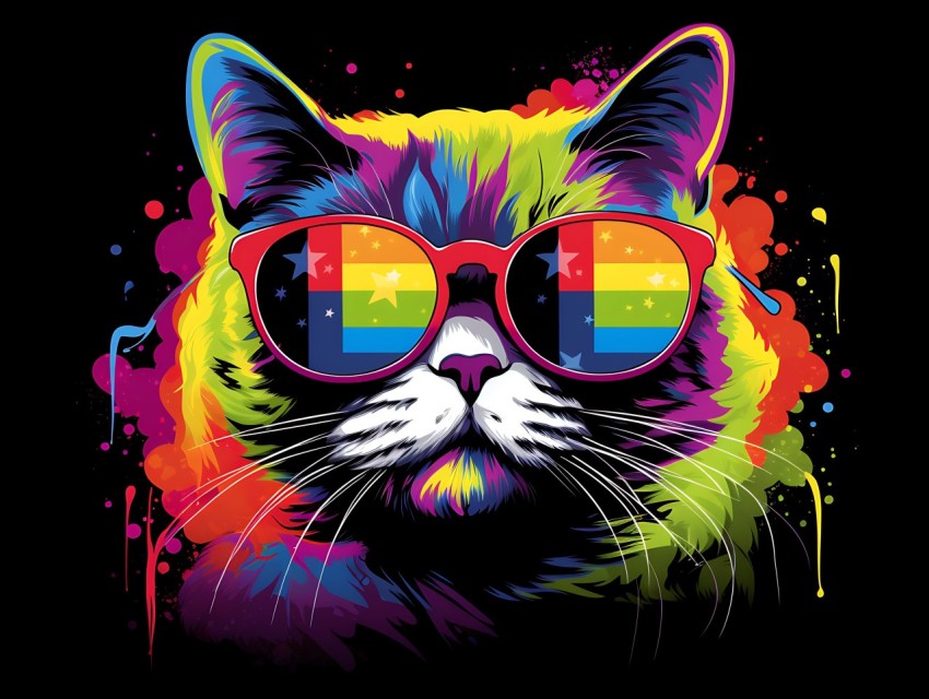 Colorful Cat Face Head Vivid Colors Pop Art Vector Illustrations Black Background (342)