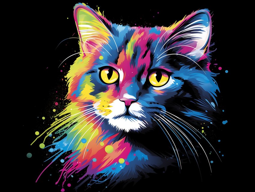 Colorful Cat Face Head Vivid Colors Pop Art Vector Illustrations Black Background (322)