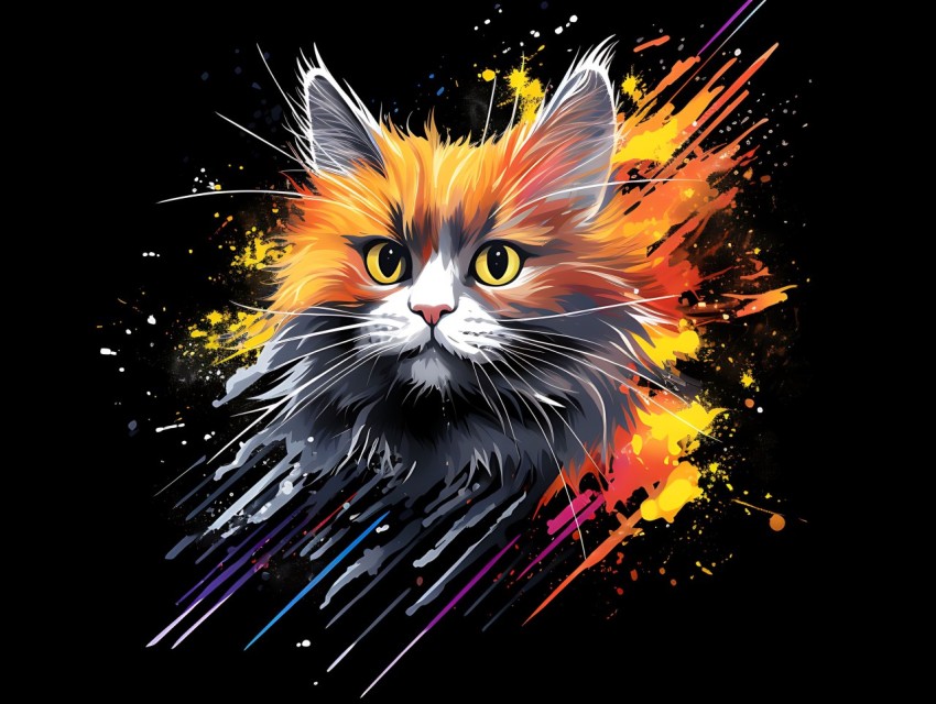 Colorful Cat Face Head Vivid Colors Pop Art Vector Illustrations Black Background (313)