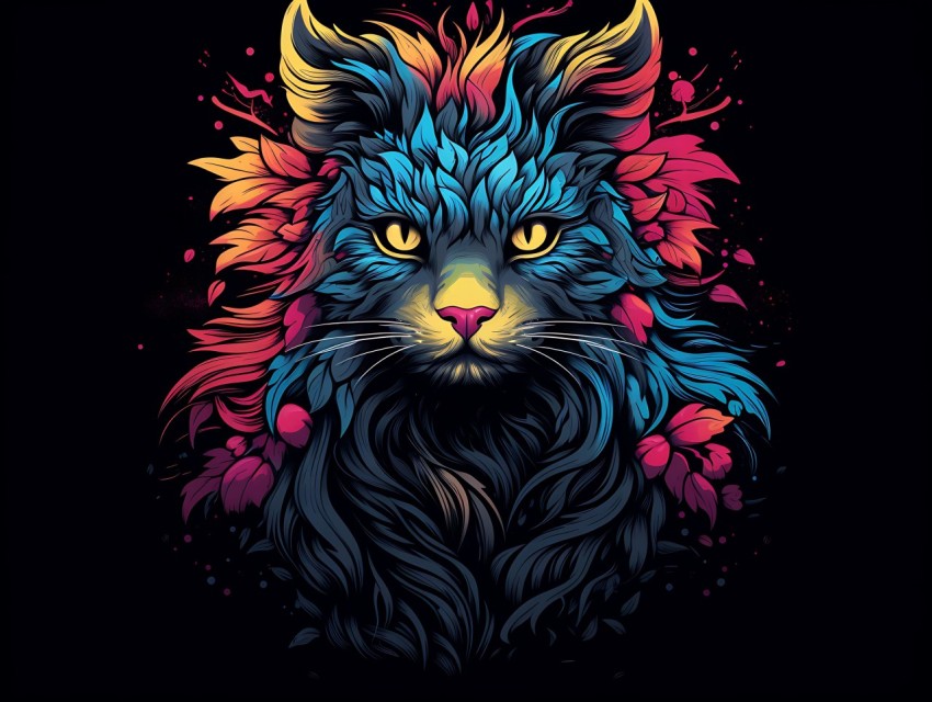 Colorful Cat Face Head Vivid Colors Pop Art Vector Illustrations Black Background (326)