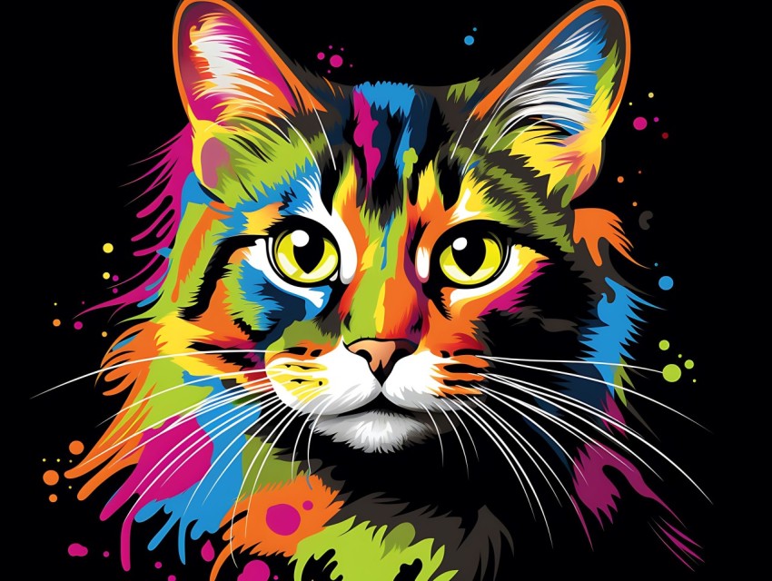 Colorful Cat Face Head Vivid Colors Pop Art Vector Illustrations Black Background (332)
