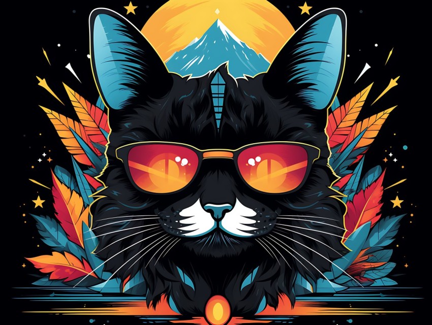 Colorful Cat Face Head Vivid Colors Pop Art Vector Illustrations Black Background (312)