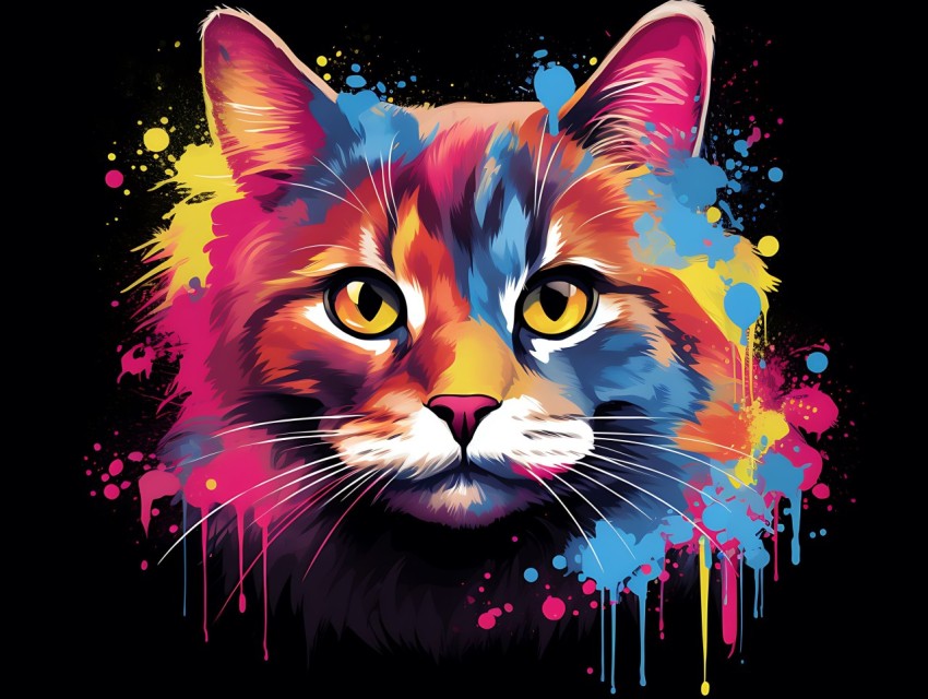 Colorful Cat Face Head Vivid Colors Pop Art Vector Illustrations Black Background (335)