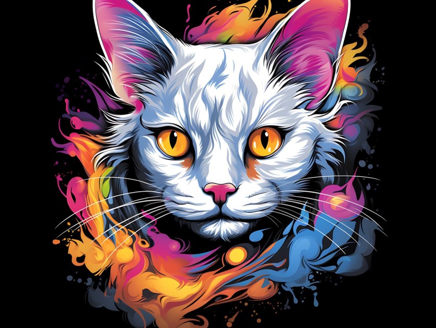 Colorful Cat Face Head Vivid Colors Pop Art Vector Illustrations Black Background (349)