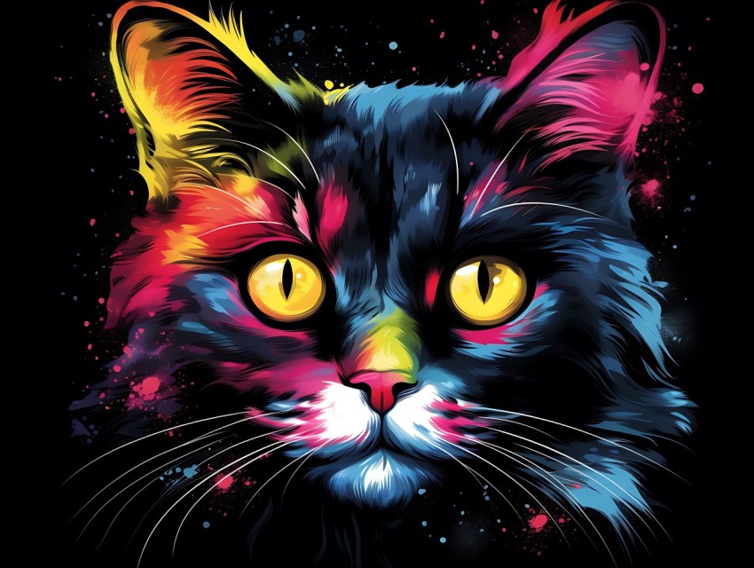 Colorful Cat Face Head Vivid Colors Pop Art Vector Illustrations Black Background (301)