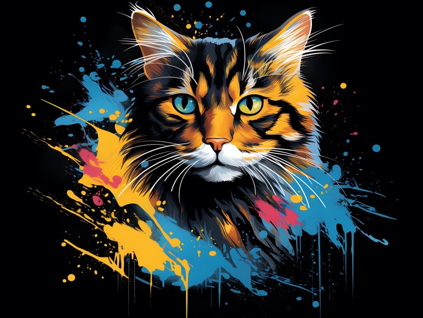Colorful Cat Face Head Vivid Colors Pop Art Vector Illustrations Black Background (341)