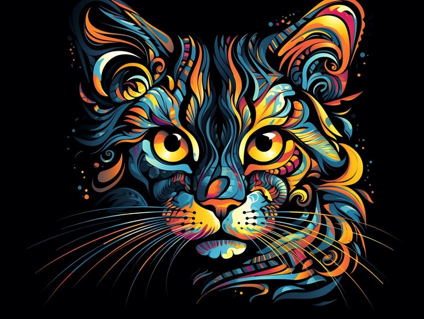 Colorful Cat Face Head Vivid Colors Pop Art Vector Illustrations Black Background (306)