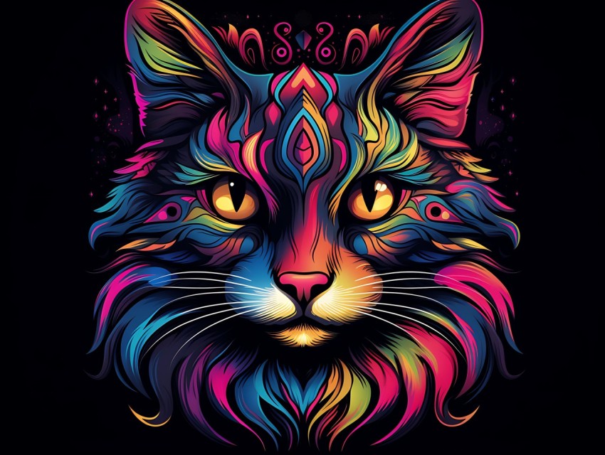 Colorful Cat Face Head Vivid Colors Pop Art Vector Illustrations Black Background (344)