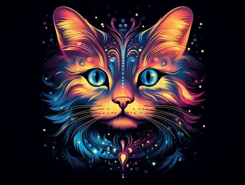 Colorful Cat Face Head Vivid Colors Pop Art Vector Illustrations Black Background (309)