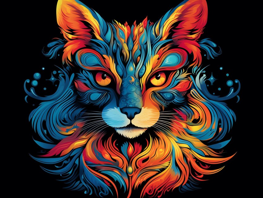 Colorful Cat Face Head Vivid Colors Pop Art Vector Illustrations Black Background (310)