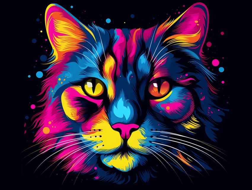 Colorful Cat Face Head Vivid Colors Pop Art Vector Illustrations Black Background (317)