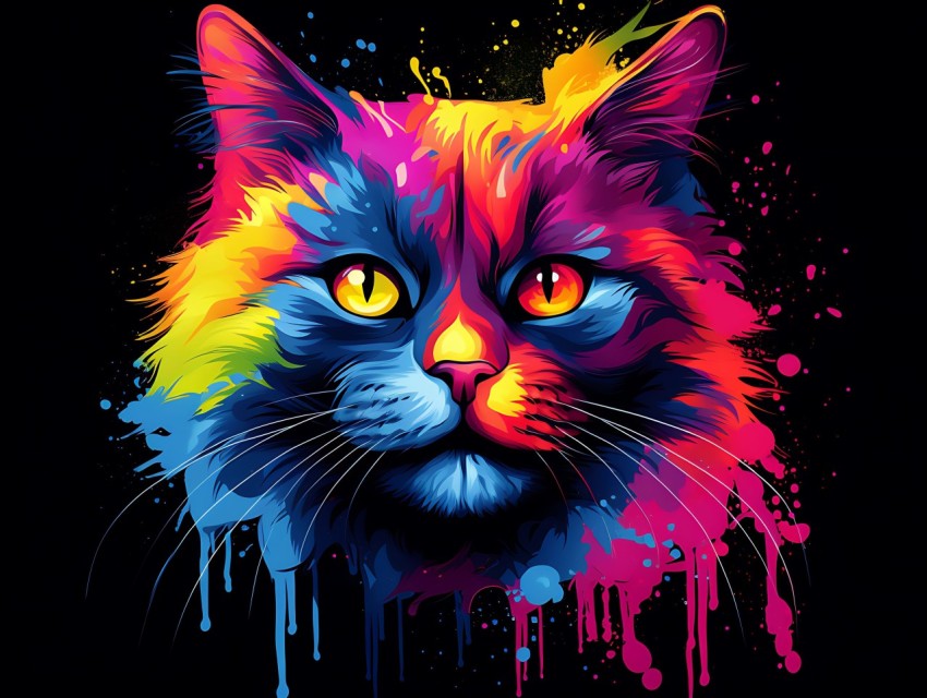 Colorful Cat Face Head Vivid Colors Pop Art Vector Illustrations Black Background (302)