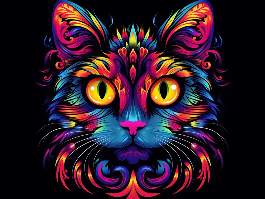Colorful Cat Face Head Vivid Colors Pop Art Vector Illustrations Black Background (347)