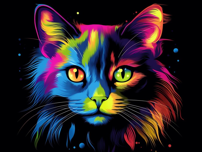 Colorful Cat Face Head Vivid Colors Pop Art Vector Illustrations Black Background (338)