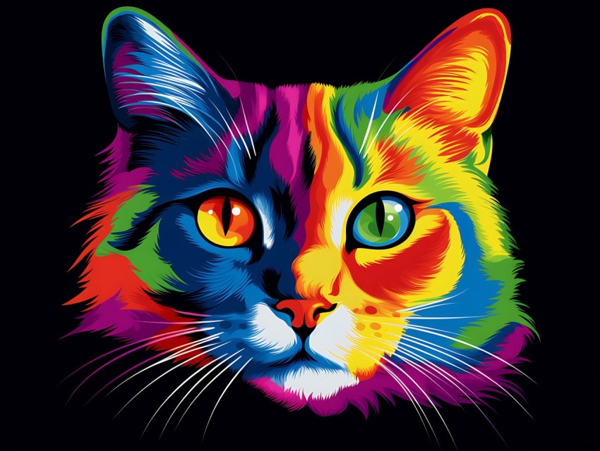 Colorful Cat Face Head Vivid Colors Pop Art Vector Illustrations Black Background (323)