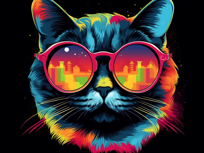 Colorful Cat Face Head Vivid Colors Pop Art Vector Illustrations Black Background (328)