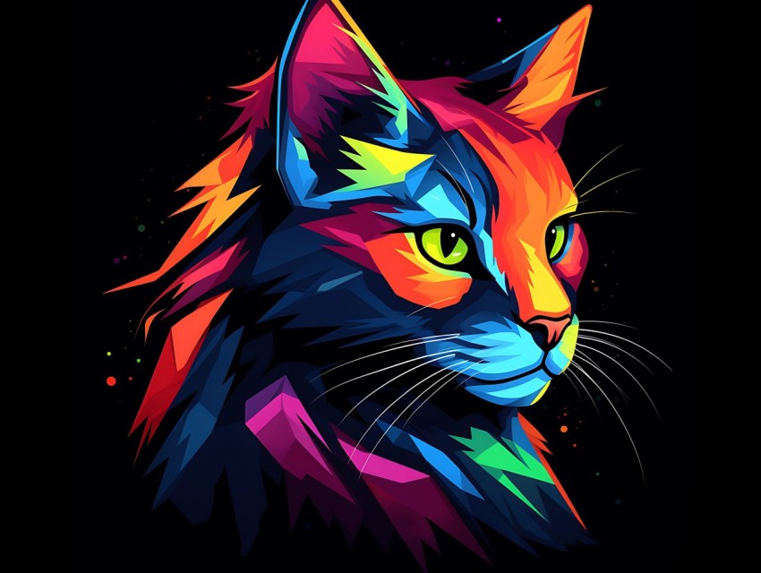 Colorful Cat Face Head Vivid Colors Pop Art Vector Illustrations Black Background (377)