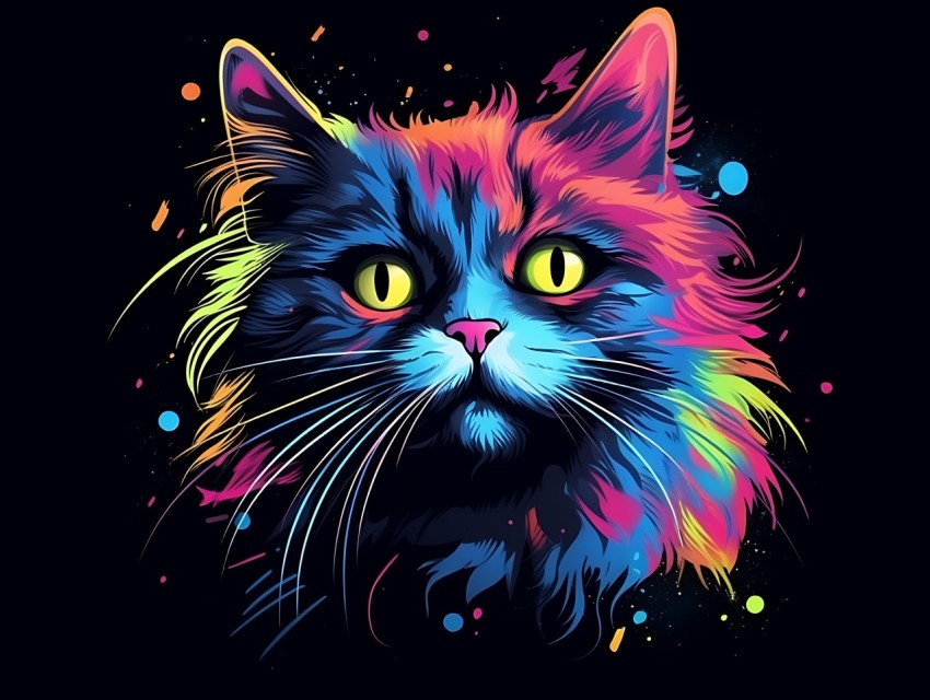 Colorful Cat Face Head Vivid Colors Pop Art Vector Illustrations Black Background (369)