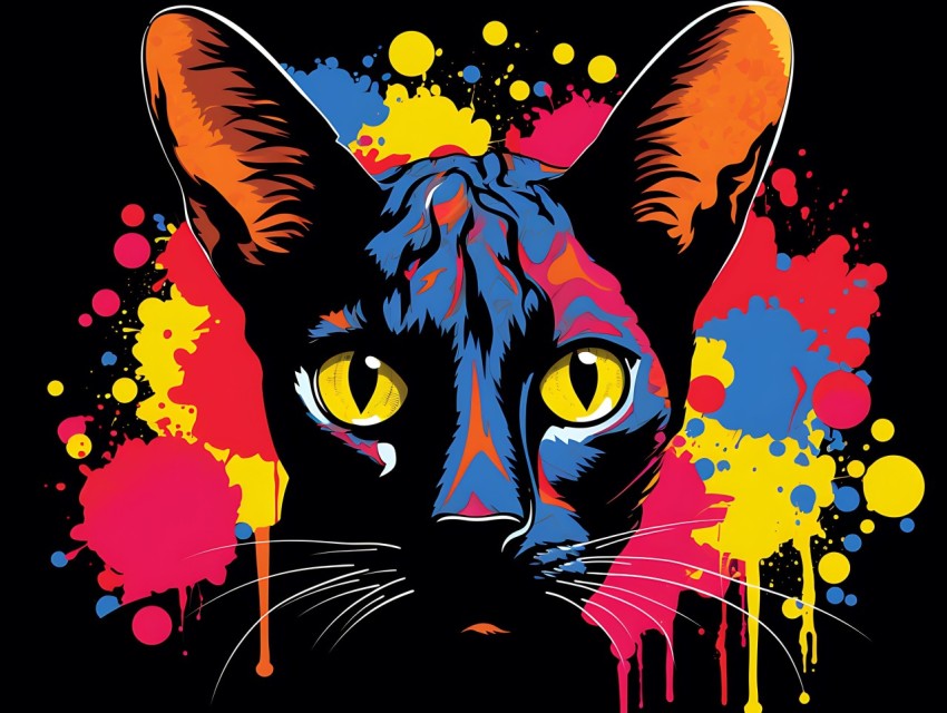 Colorful Cat Face Head Vivid Colors Pop Art Vector Illustrations Black Background (376)