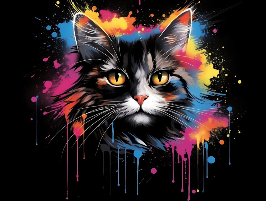 Colorful Cat Face Head Vivid Colors Pop Art Vector Illustrations Black Background (354)