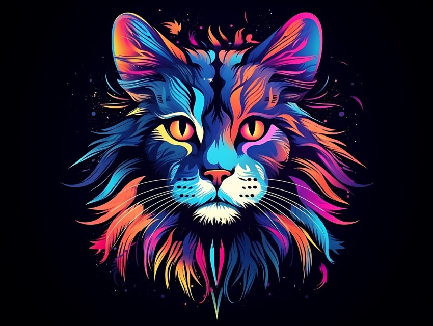 Colorful Cat Face Head Vivid Colors Pop Art Vector Illustrations Black Background (372)