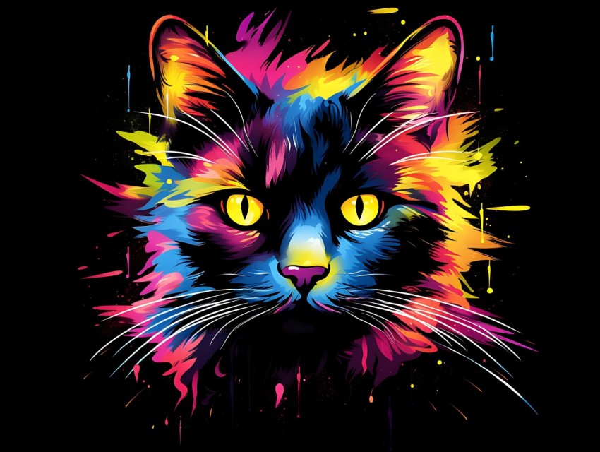 Colorful Cat Face Head Vivid Colors Pop Art Vector Illustrations Black Background (370)