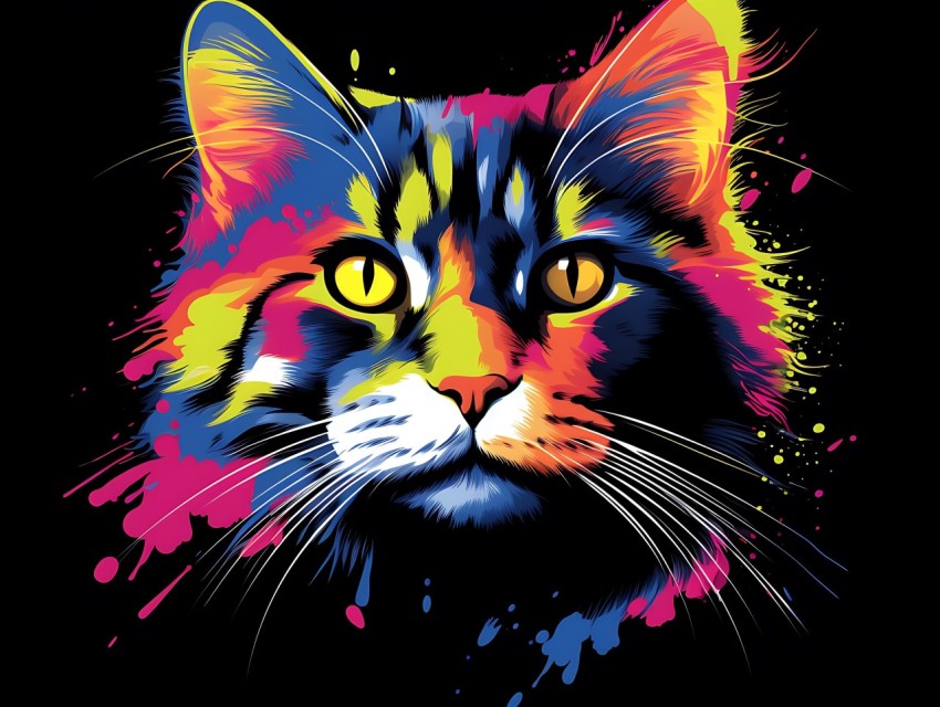 Colorful Cat Face Head Vivid Colors Pop Art Vector Illustrations Black Background (351)