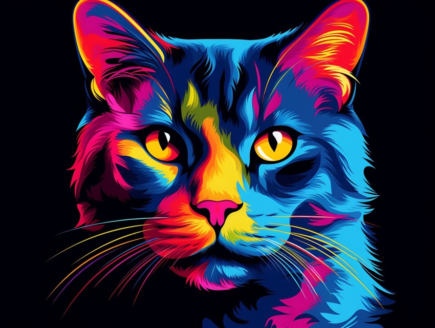 Colorful Cat Face Head Vivid Colors Pop Art Vector Illustrations Black Background (365)
