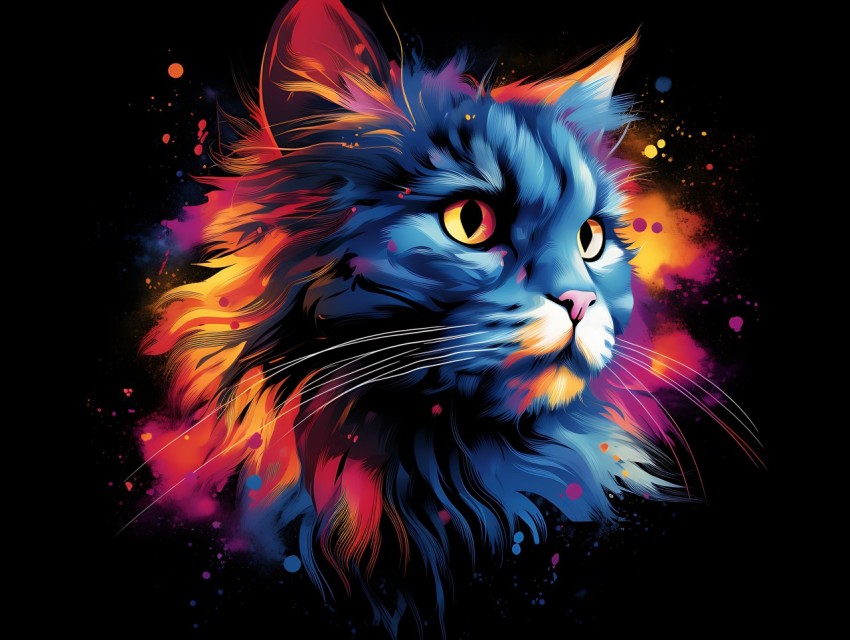 Colorful Cat Face Head Vivid Colors Pop Art Vector Illustrations Black Background (393)