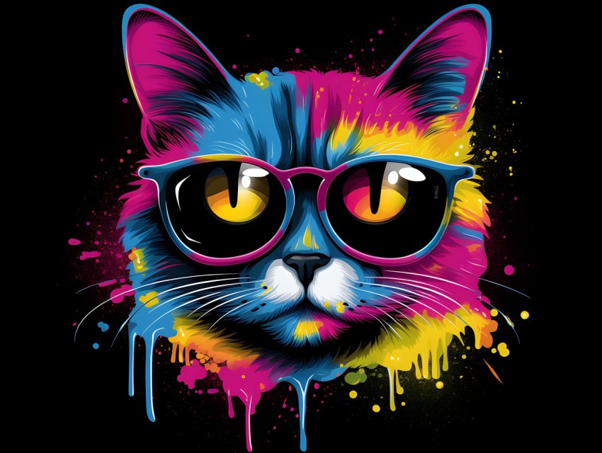 Colorful Cat Face Head Vivid Colors Pop Art Vector Illustrations Black Background (366)