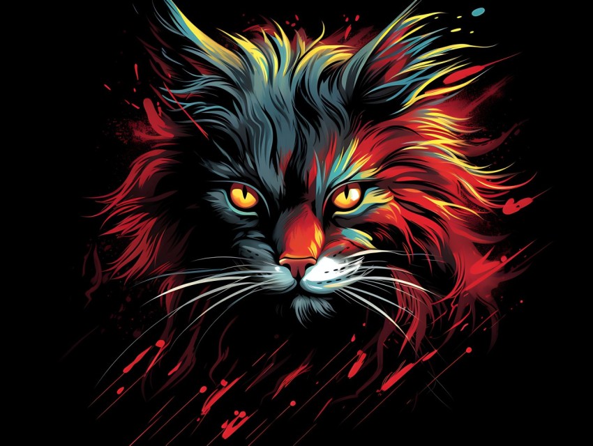 Colorful Cat Face Head Vivid Colors Pop Art Vector Illustrations Black Background (363)