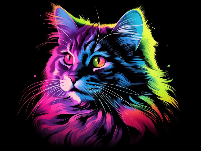 Colorful Cat Face Head Vivid Colors Pop Art Vector Illustrations Black Background (356)