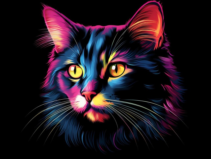 Colorful Cat Face Head Vivid Colors Pop Art Vector Illustrations Black Background (380)