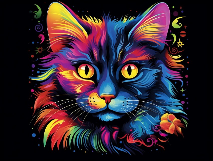 Colorful Cat Face Head Vivid Colors Pop Art Vector Illustrations Black Background (381)