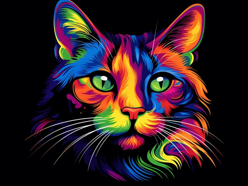 Colorful Cat Face Head Vivid Colors Pop Art Vector Illustrations Black Background (387)