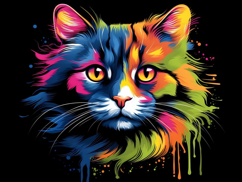 Colorful Cat Face Head Vivid Colors Pop Art Vector Illustrations Black Background (399)
