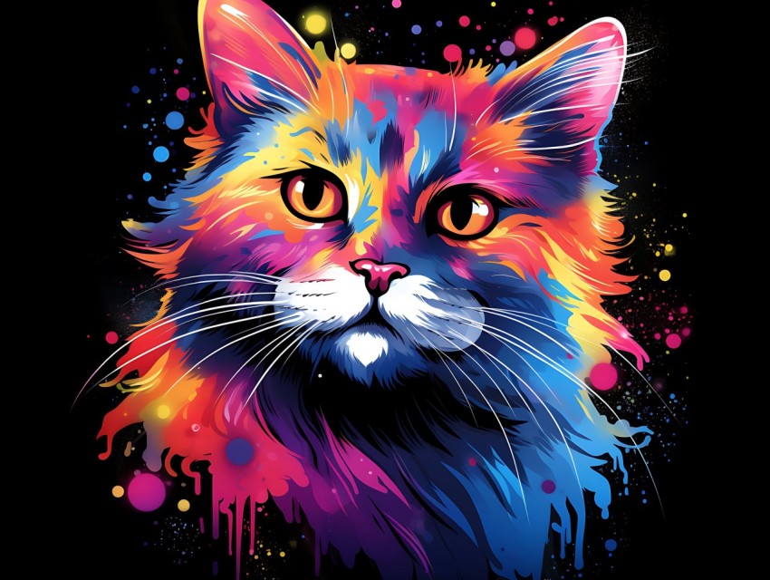 Colorful Cat Face Head Vivid Colors Pop Art Vector Illustrations Black Background (373)
