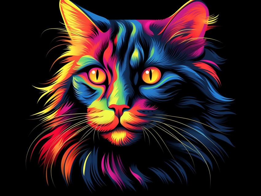 Colorful Cat Face Head Vivid Colors Pop Art Vector Illustrations Black Background (378)