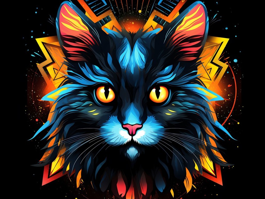Colorful Cat Face Head Vivid Colors Pop Art Vector Illustrations Black Background (367)