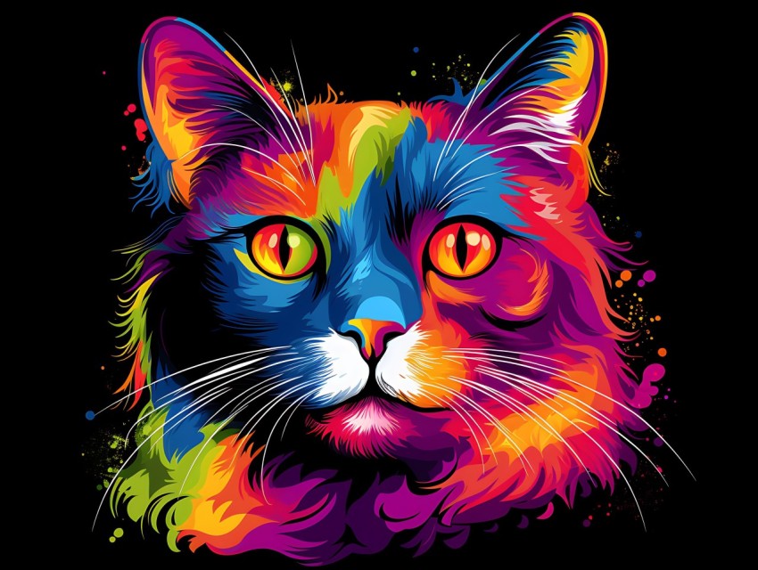 Colorful Cat Face Head Vivid Colors Pop Art Vector Illustrations Black Background (352)
