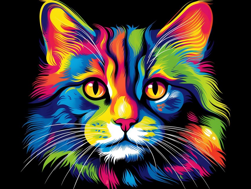 Colorful Cat Face Head Vivid Colors Pop Art Vector Illustrations Black Background (385)