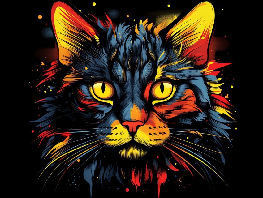 Colorful Cat Face Head Vivid Colors Pop Art Vector Illustrations Black Background (358)