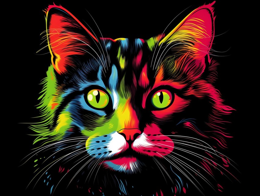 Colorful Cat Face Head Vivid Colors Pop Art Vector Illustrations Black Background (390)