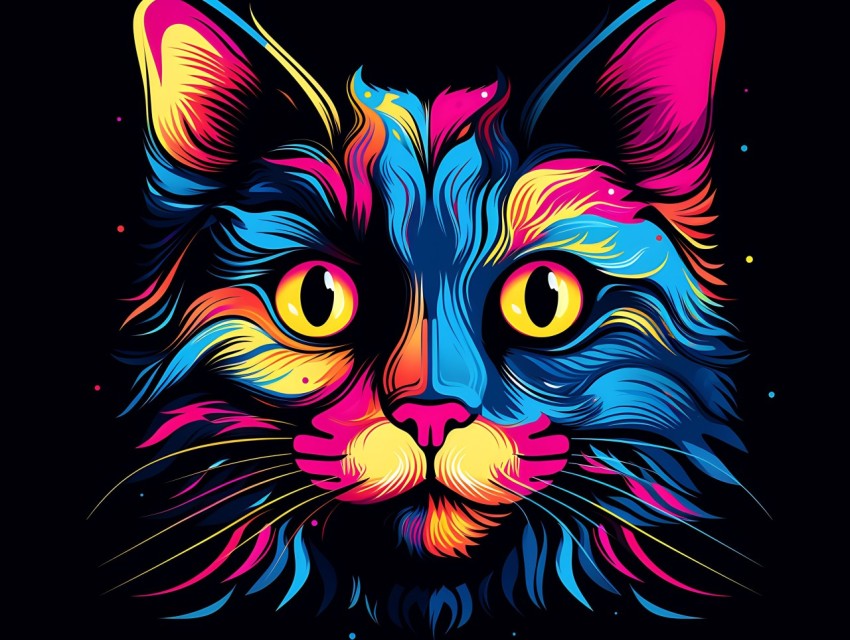 Colorful Cat Face Head Vivid Colors Pop Art Vector Illustrations Black Background (355)