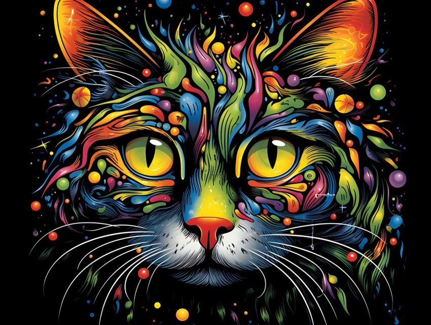 Colorful Cat Face Head Vivid Colors Pop Art Vector Illustrations Black Background (360)